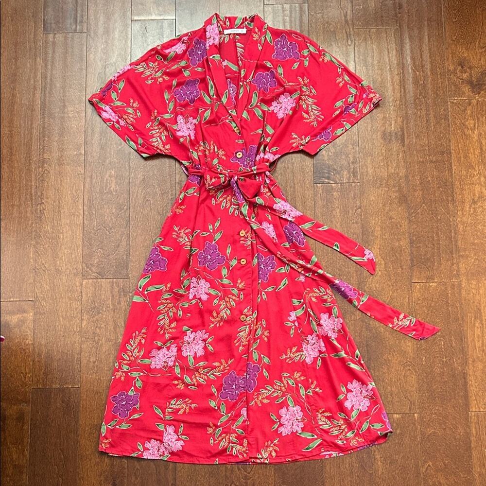 Mango Red and Purple Floral Tea Length Button Down Midi Dress, Size Medium